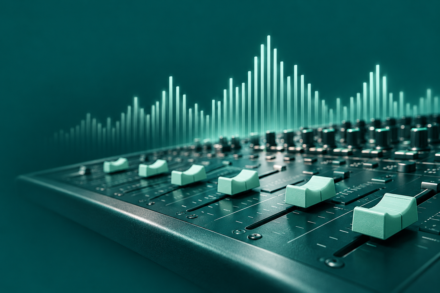 Mint studio faders and sculptural sound waves in the YL Studios green palette